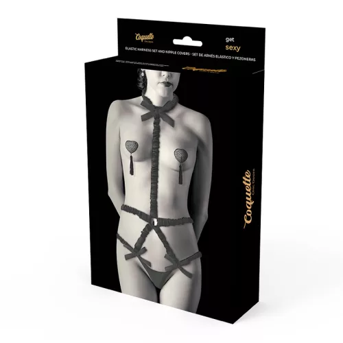 COQUETTE CHIC DESIRE - ELASZTIKUS HEVEDER KÉSZLET ÉS MELLBIMBÓS FEDÉL FEKETE