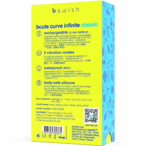 B SWISH - BCUTE CURVE VÉGTELEN KLASSZIKUS ÚJRATÖLTHETŐ SZILIKON VIBRÁTOR SÁRGA