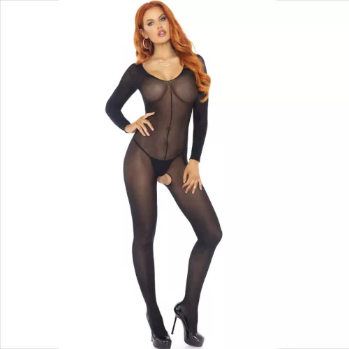 728297 Sheer Long Sleeves Bodystocking O/S Black