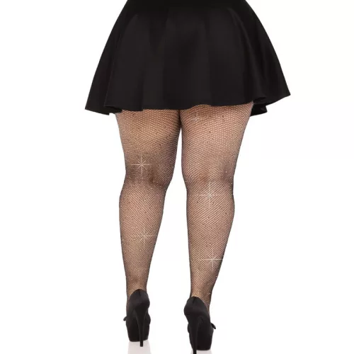 LEG AVENUE - KRISTÁLYOSÍTOTT HÁLÓS HARISNYÁK FEKETE PLUSZ SIZE
