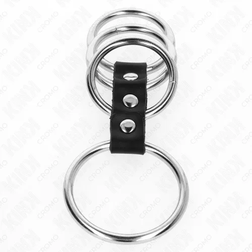 KINK - 4 FÉM PÉNISZGYŰRŰ, 3,7 CM-TŐL 5 CM-IG KÖZÖTT, BŐRREL ÖSSZEKÖTVE
