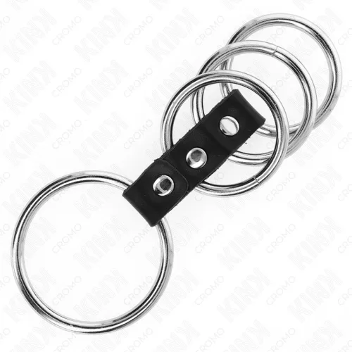 KINK - 4 FÉM PÉNISZGYŰRŰ, 3,7 CM-TŐL 5 CM-IG KÖZÖTT, BŐRREL ÖSSZEKÖTVE