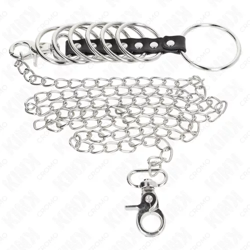 KINK - 7 FÉM PENISZGYŰRŰ, 3,8 CM-TŐL 5 CM-IG TERJEDŐ, BŐRREL ÉS FÉMLÁNCCAL ÖSSZEKÖTVE, 100 CM
