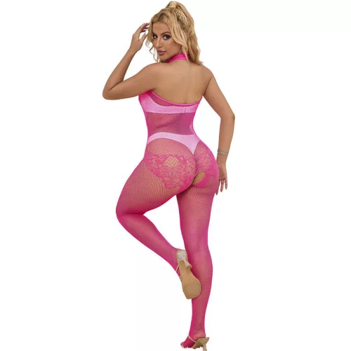SUBBLIME - csipkés, nyitott bodystocking, magas nyakú, rózsaszín
