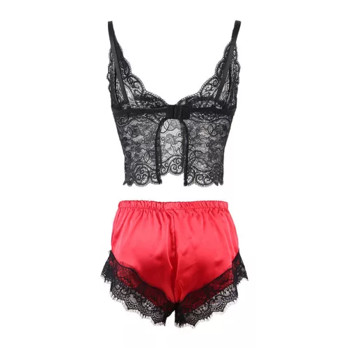 SUBBLIME - 953959 CASUAL SELYEM HÁLÓINGET + CSIPKE NADRÁG FEKETE/PIROS S/M