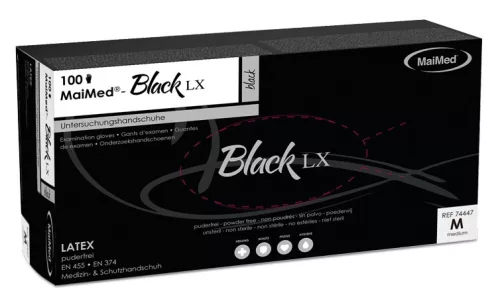 BLACK LX – latex kesztyű, pormentes, fekete, 100 dbos csomag