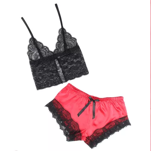 SUBBLIME – érzéki selyem hálóing csipkés nadrággal, fekete/piros