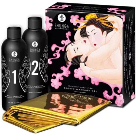   Shunga Oriental Body Slide masszázskészlet géllel és vízhatlan lepedővel - epres-pezsgős változat