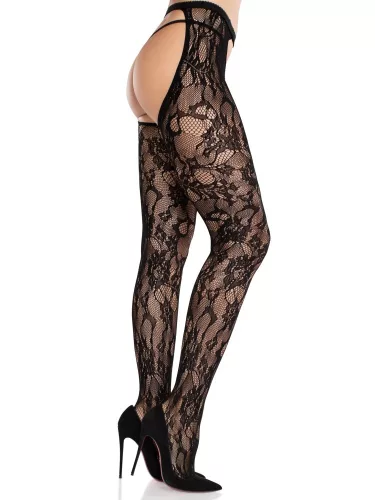 Rosenspitzen-Strumpfhosen ohne Schritt mit offenem Rücken – Schwarze O/S